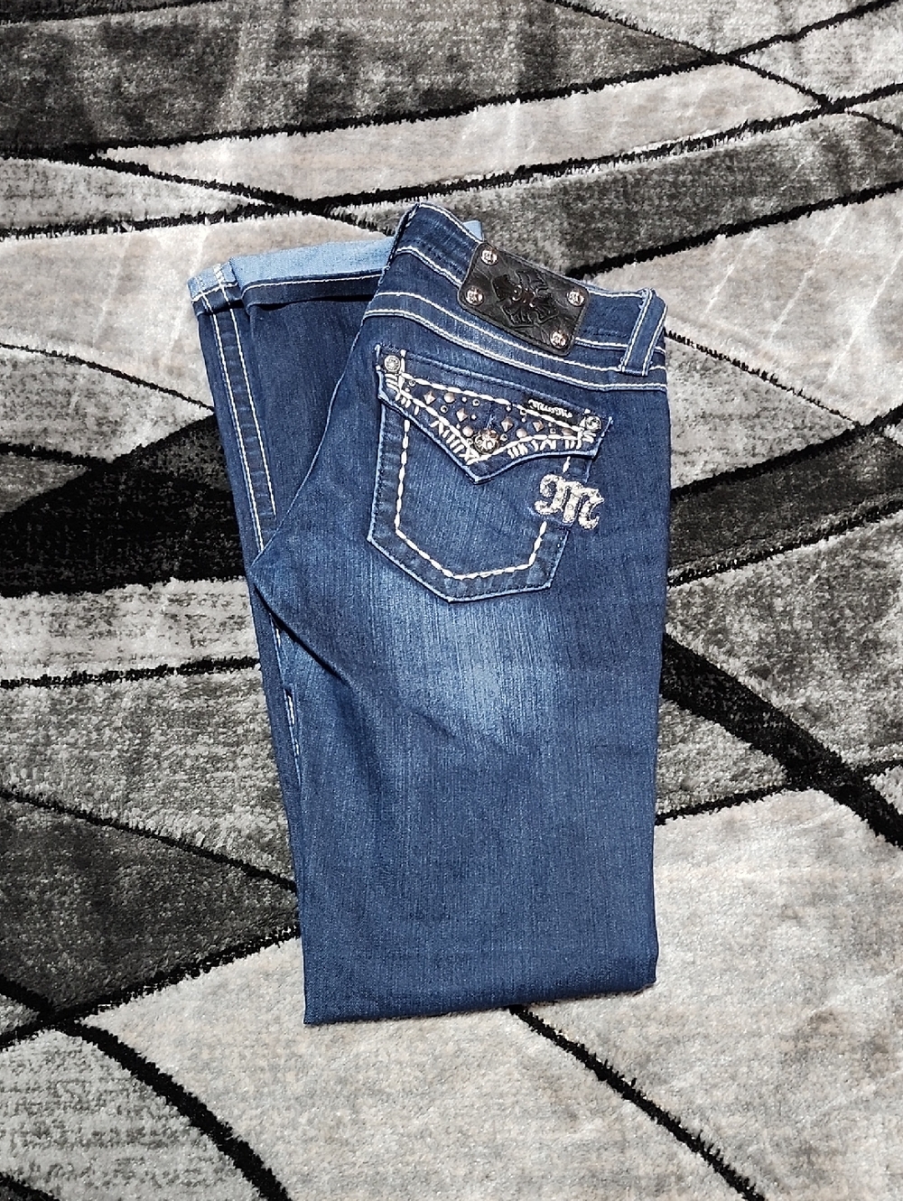 MISS ME EMBROIDERED RHINESTONES STUDDED FLAP LONG STAIGHT LEG DENIM JEANS